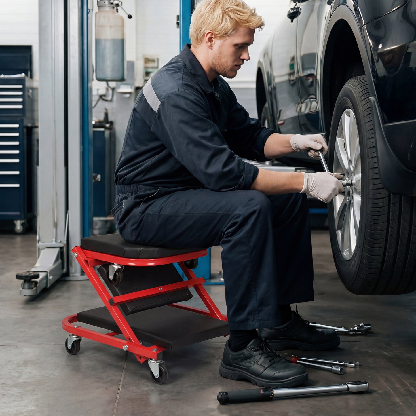 2-in-1 Z-Shaped Rolling Garage Stool, 36" Folding Automotive Creeper, Red Garages at Gallery Canada