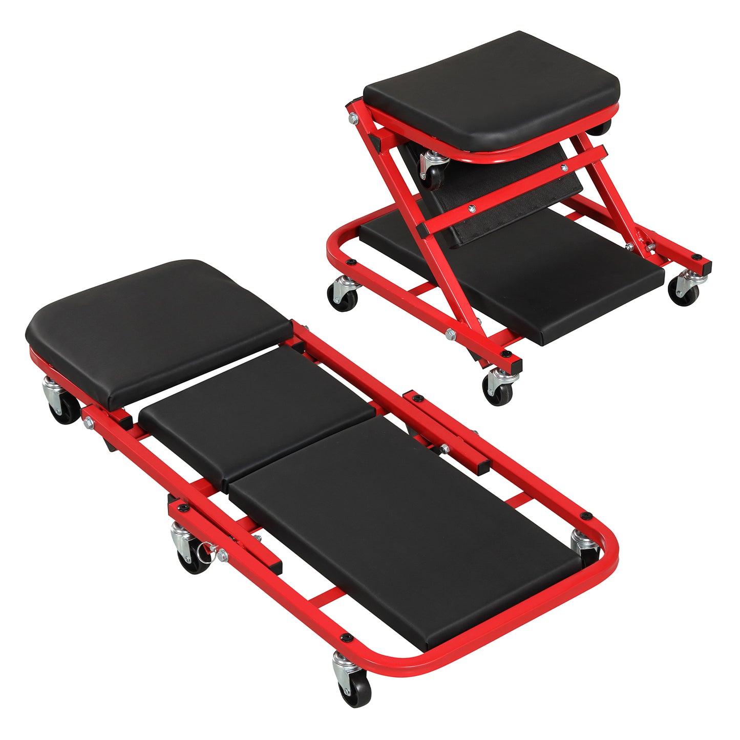 2-in-1 Z-Shaped Rolling Garage Stool, 36" Folding Automotive Creeper, Red Garages Red at Gallery Canada