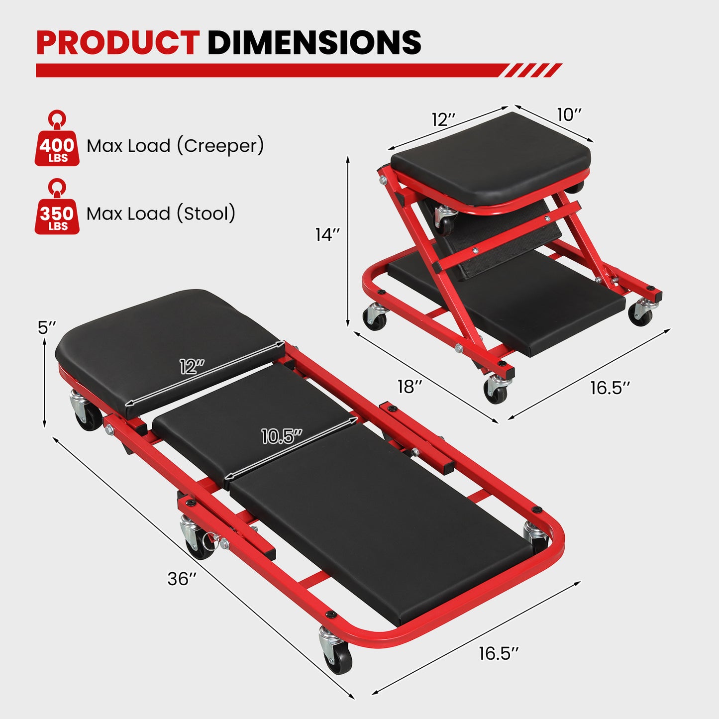 2-in-1 Z-Shaped Rolling Garage Stool, 36" Folding Automotive Creeper, Red Garages at Gallery Canada