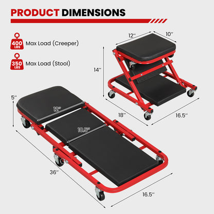 2-in-1 Z-Shaped Rolling Garage Stool, 36" Folding Automotive Creeper, Red Garages at Gallery Canada