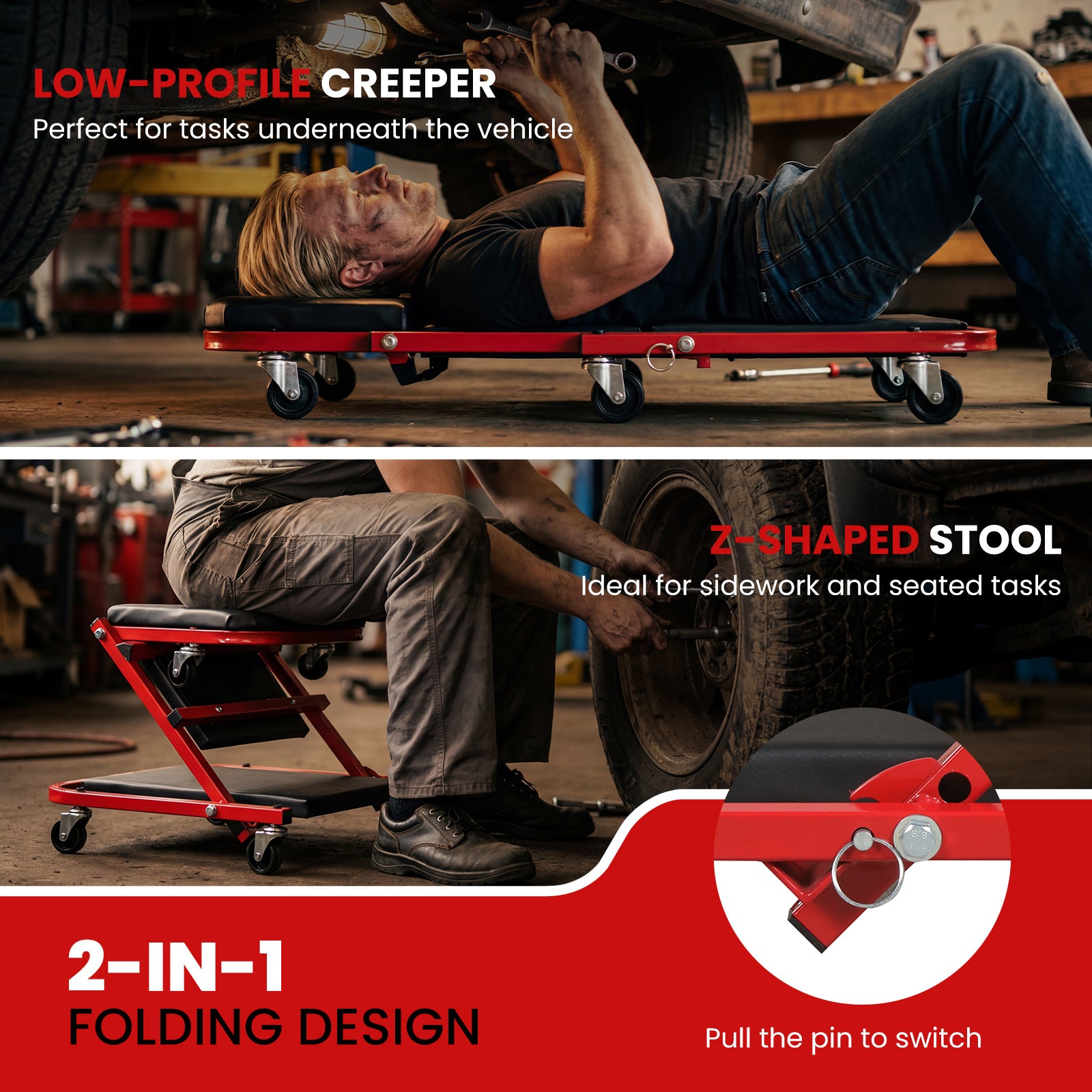 2-in-1 Z-Shaped Rolling Garage Stool, 36