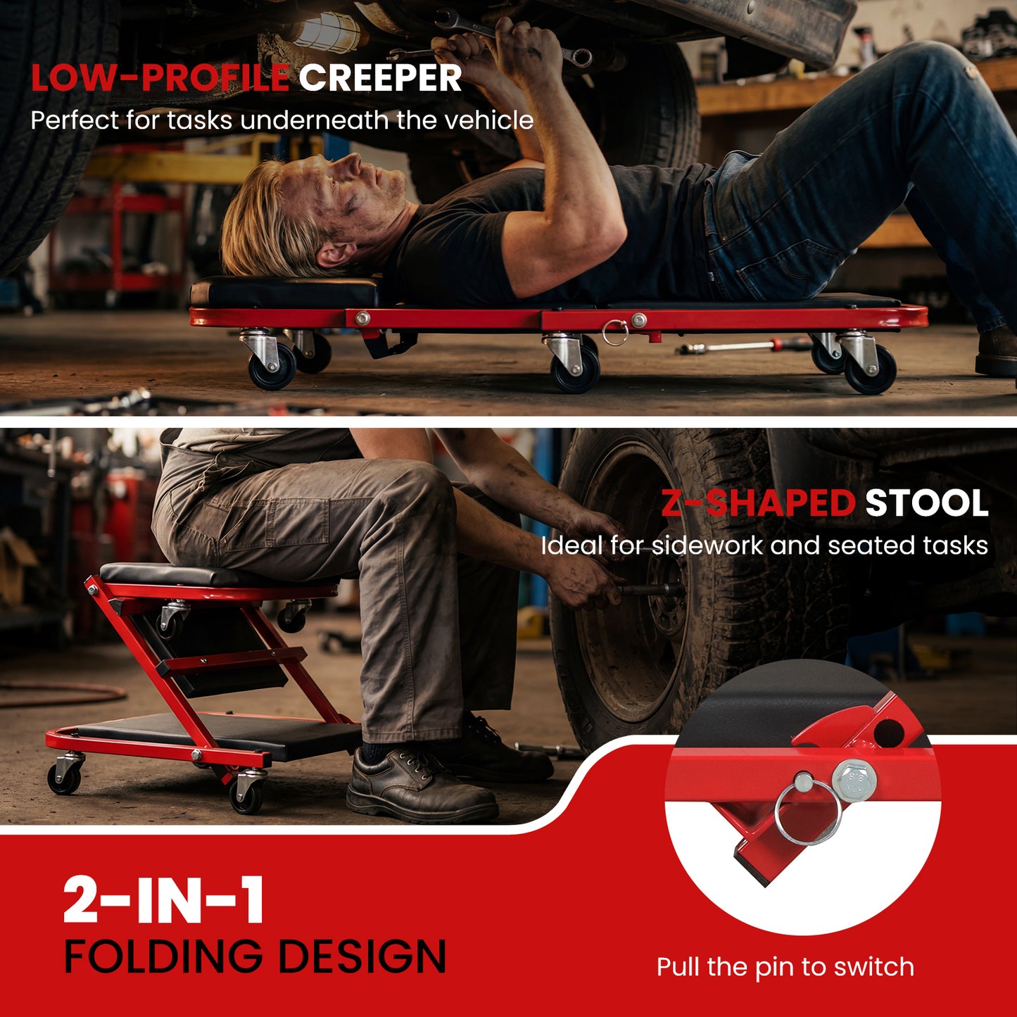 2-in-1 Z-Shaped Rolling Garage Stool, 36" Folding Automotive Creeper, Red Garages at Gallery Canada