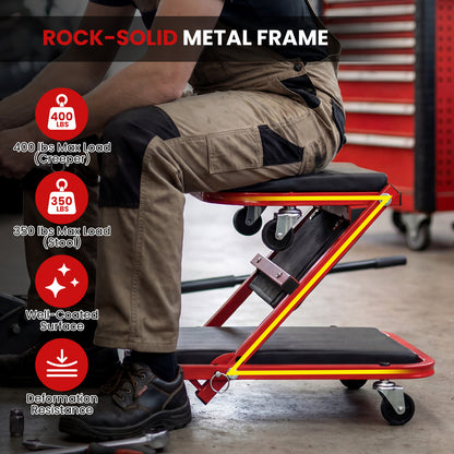 2-in-1 Z-Shaped Rolling Garage Stool, 36" Folding Automotive Creeper, Red Garages at Gallery Canada