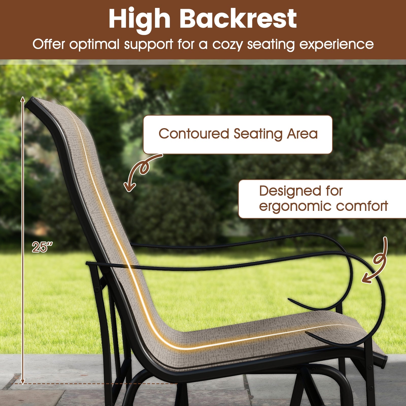 2-Person Outdoor Glider Bench with High Backrest, Brown Patio Rocking Chairs & Gliders at Gallery Canada