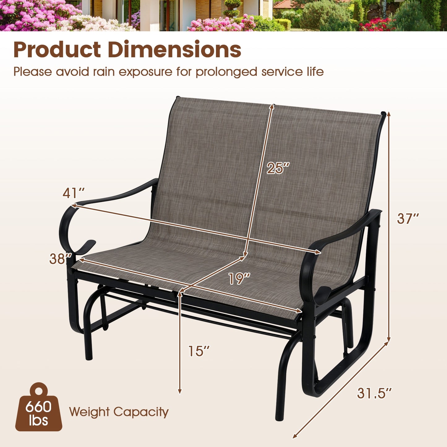 2-Person Outdoor Glider Bench with High Backrest, Brown Patio Rocking Chairs & Gliders at Gallery Canada