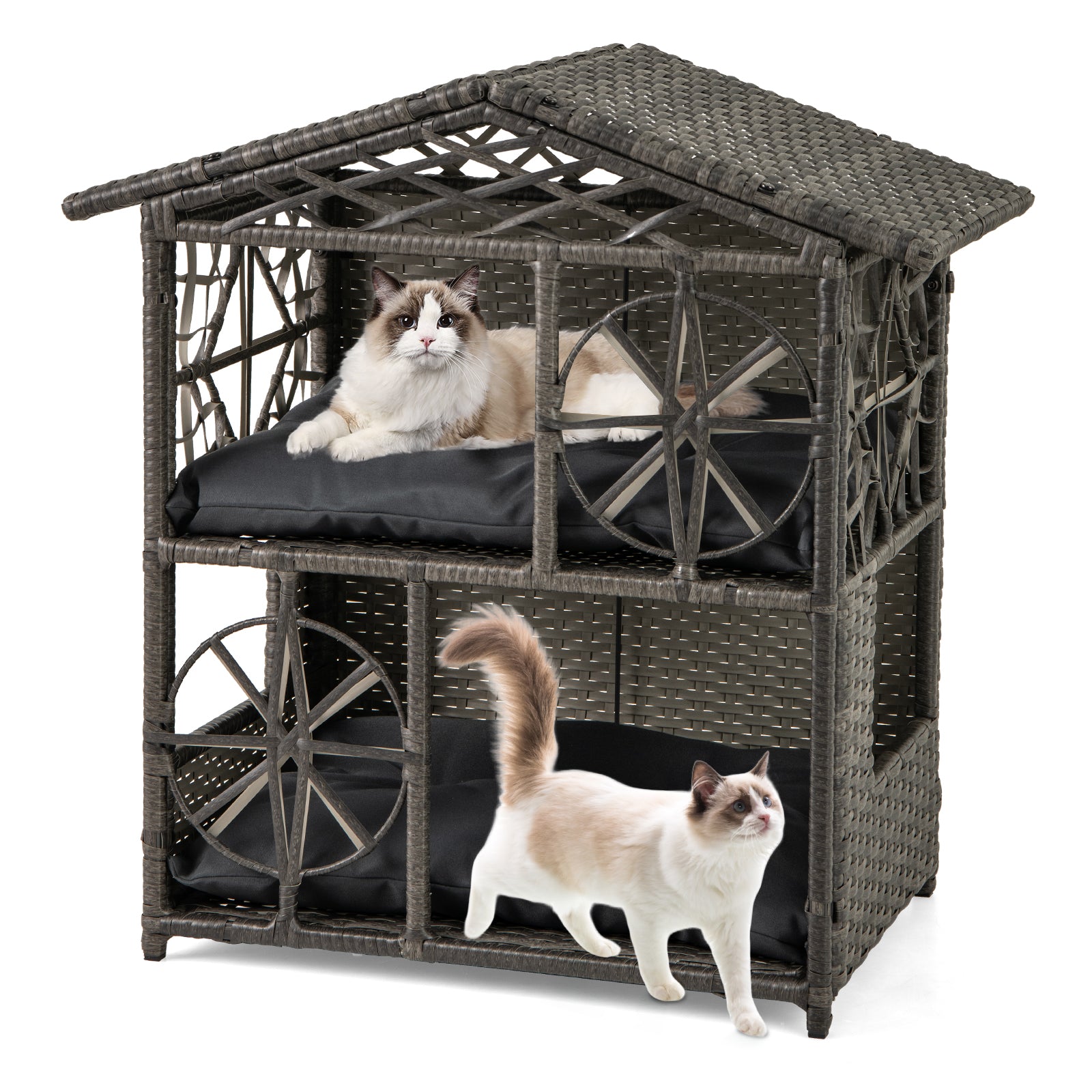 2-storey Wicker Cat House Rattan Kitten Condo Enclosure with Removable Cushions, Gray Cat Houses at Gallery Canada