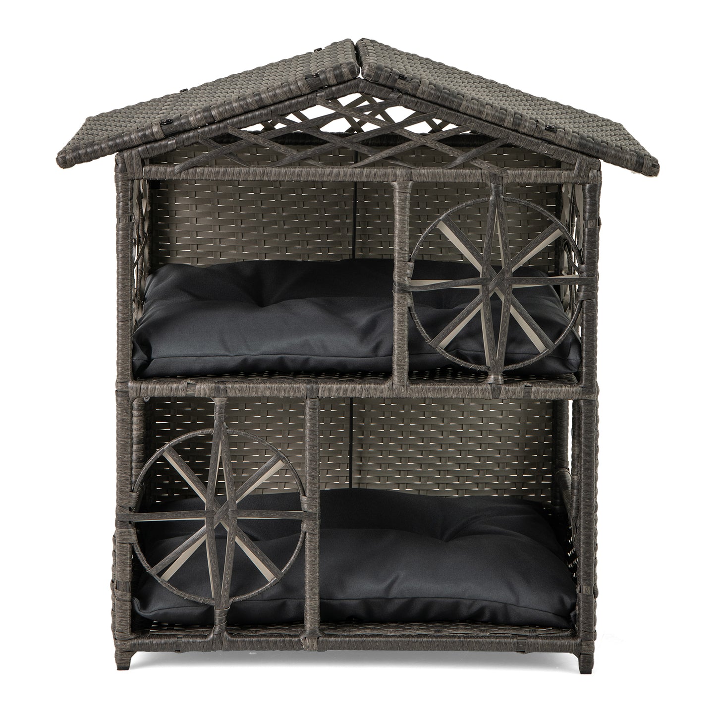 2-storey Wicker Cat House Rattan Kitten Condo Enclosure with Removable Cushions, Gray Cat Houses at Gallery Canada
