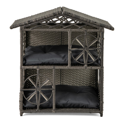 2-storey Wicker Cat House Rattan Kitten Condo Enclosure with Removable Cushions, Gray Cat Houses at Gallery Canada