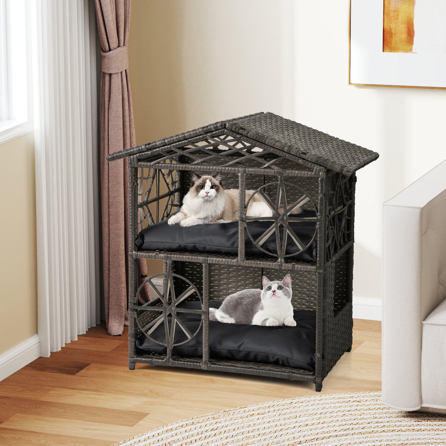 2-storey Wicker Cat House Rattan Kitten Condo Enclosure with Removable Cushions, Gray Cat Houses at Gallery Canada