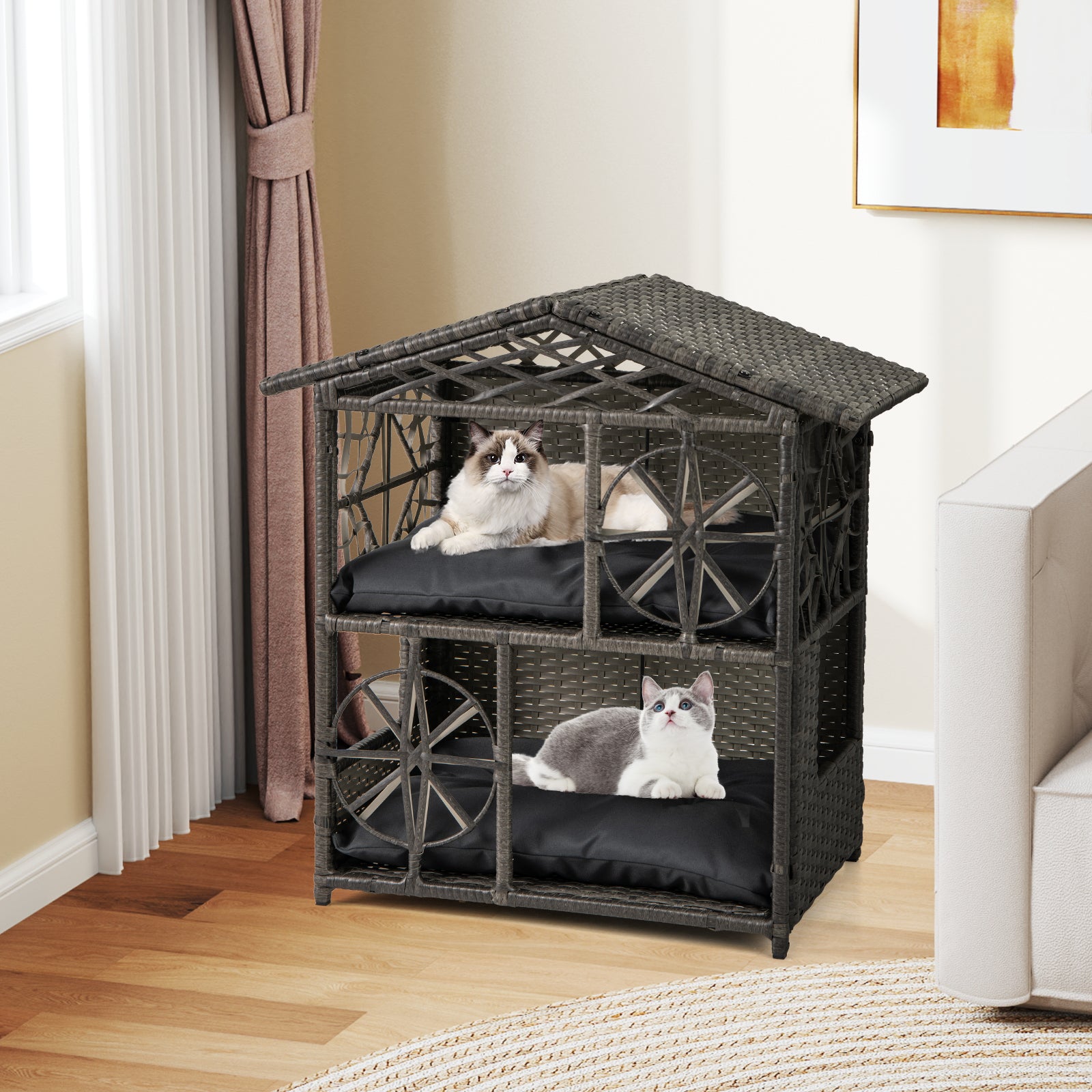 2-storey Wicker Cat House Rattan Kitten Condo Enclosure with Removable Cushions, Gray Cat Houses at Gallery Canada