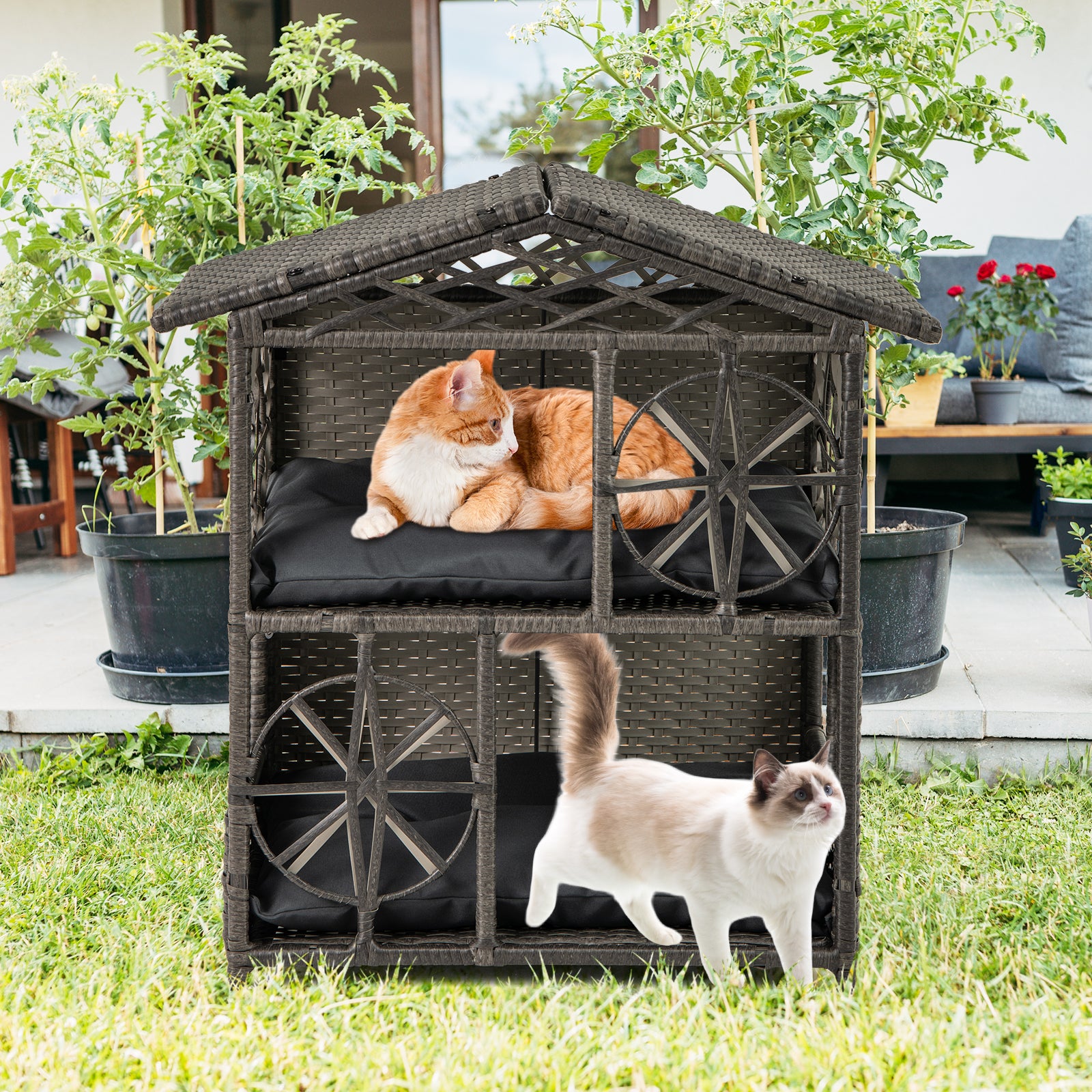 2-storey Wicker Cat House Rattan Kitten Condo Enclosure with Removable Cushions, Gray Cat Houses at Gallery Canada