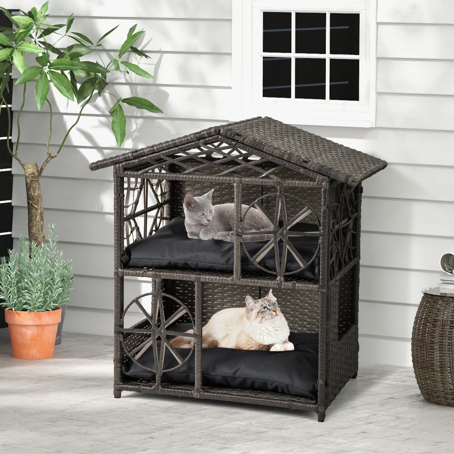 2-storey Wicker Cat House Rattan Kitten Condo Enclosure with Removable Cushions, Gray Cat Houses at Gallery Canada