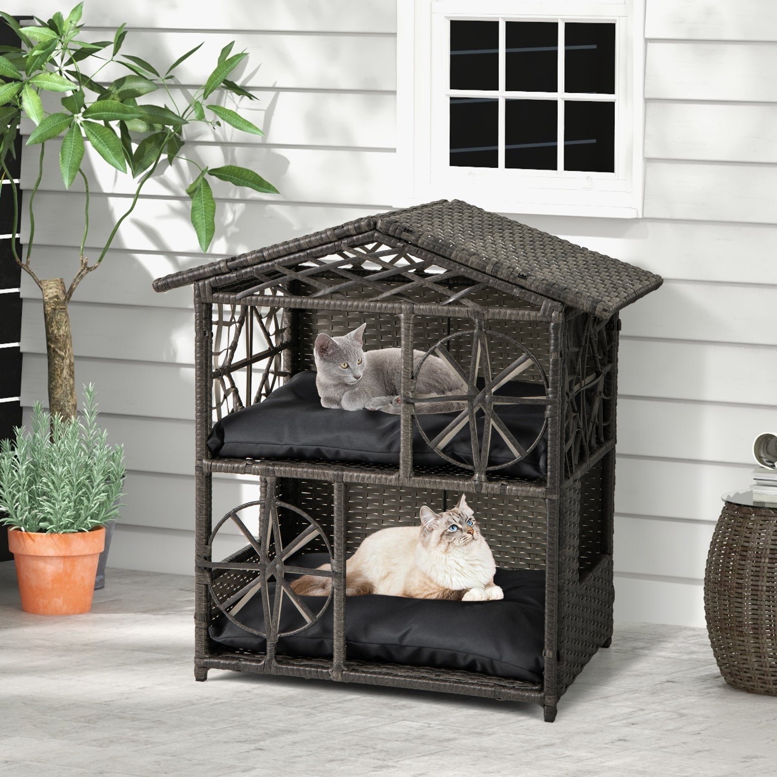 2-storey Wicker Cat House Rattan Kitten Condo Enclosure with Removable Cushions, Gray Cat Houses at Gallery Canada
