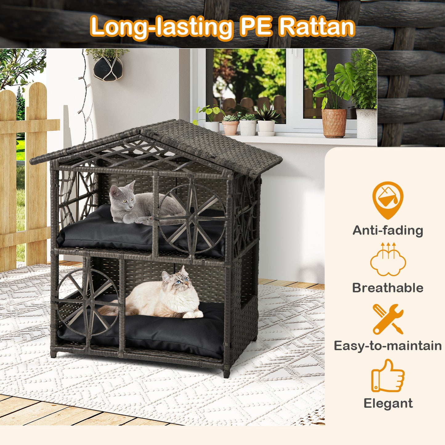 2-storey Wicker Cat House Rattan Kitten Condo Enclosure with Removable Cushions, Gray Cat Houses at Gallery Canada