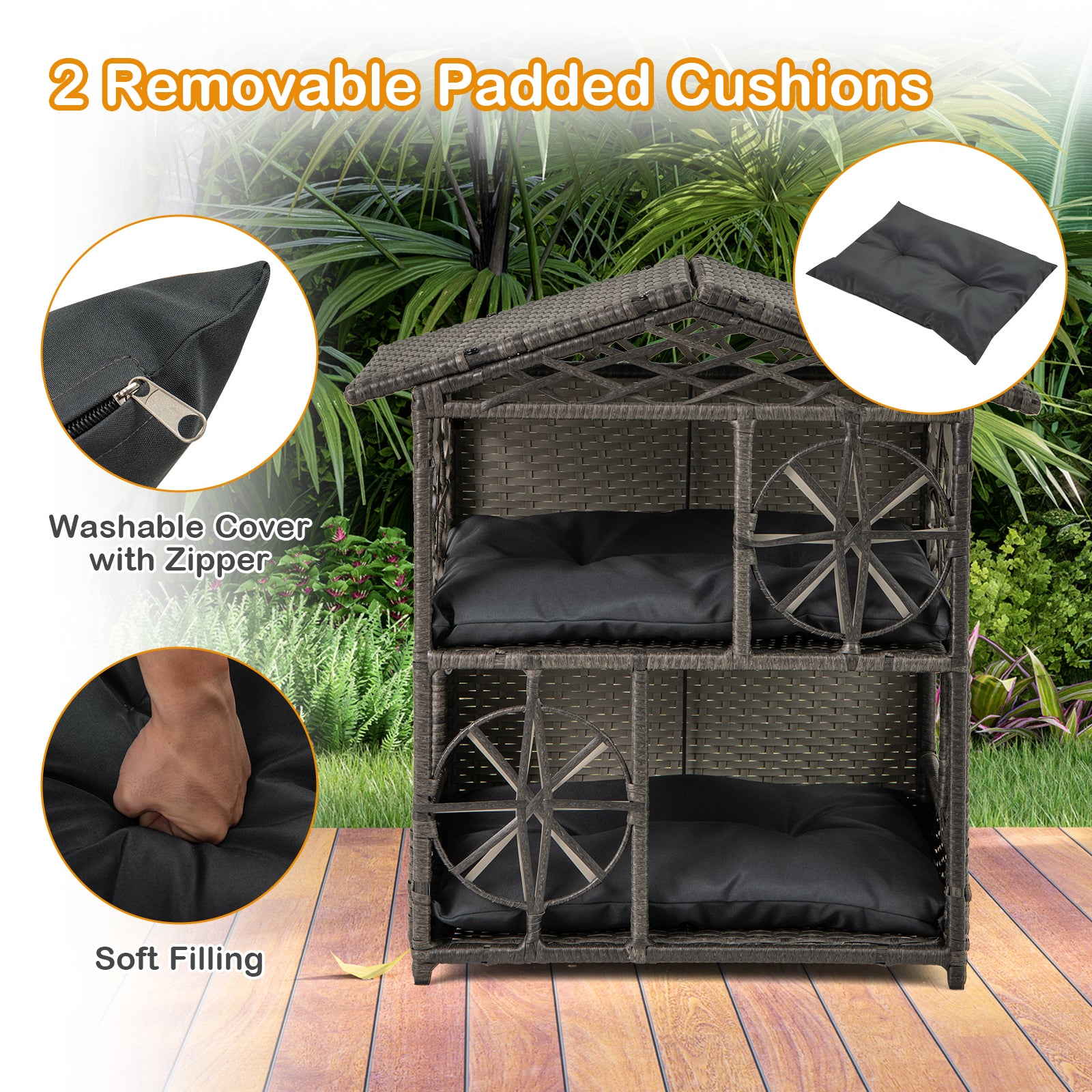 Wicker Cat House, 2-Storey Rattan Condo, Removable Cushions, Gray Cat Houses at Gallery Canada