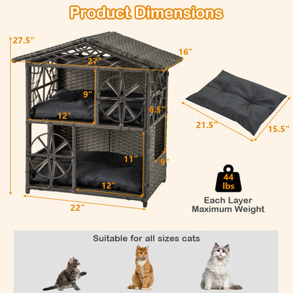 2-storey Wicker Cat House Rattan Kitten Condo Enclosure with Removable Cushions, Gray Cat Houses at Gallery Canada