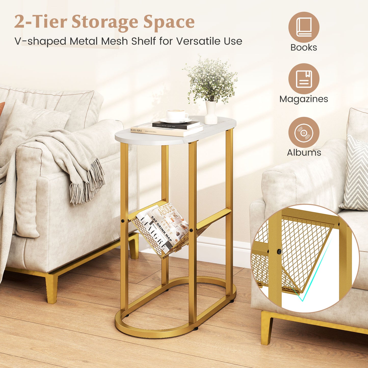 2-tier Industrial Oval Side Table with Mesh Shelf, White End & Side Tables at Gallery Canada