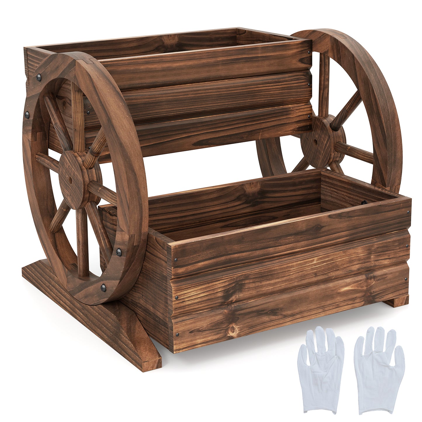 2-Tier Raised Garden Bed Rustic Wood Wagon Shape with Drainage Holes and Wheels, Coffee Raised Garden Beds Coffee at Gallery Canada