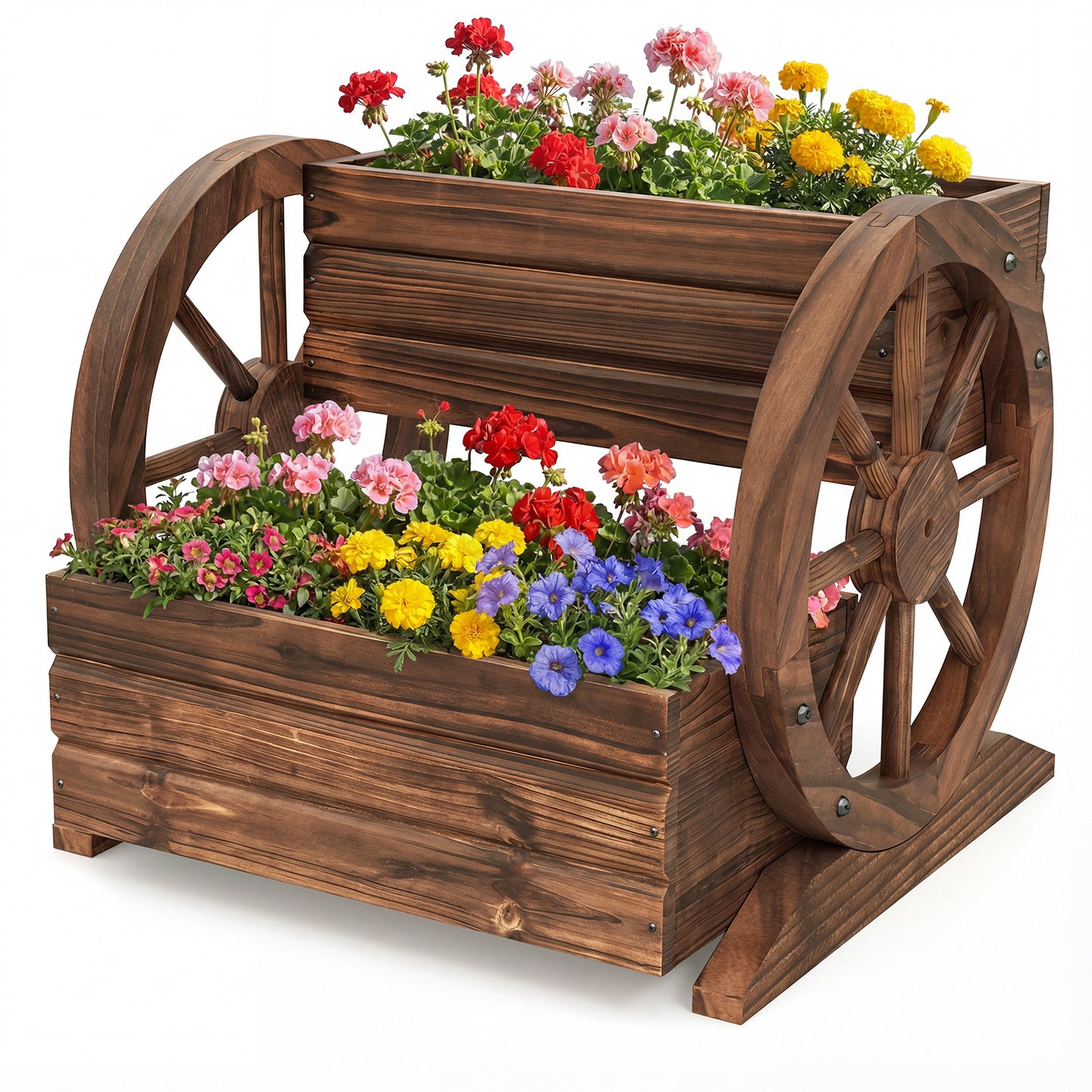 2-Tier Raised Garden Bed Rustic Wood Wagon Shape with Drainage Holes and Wheels, Coffee Raised Garden Beds at Gallery Canada