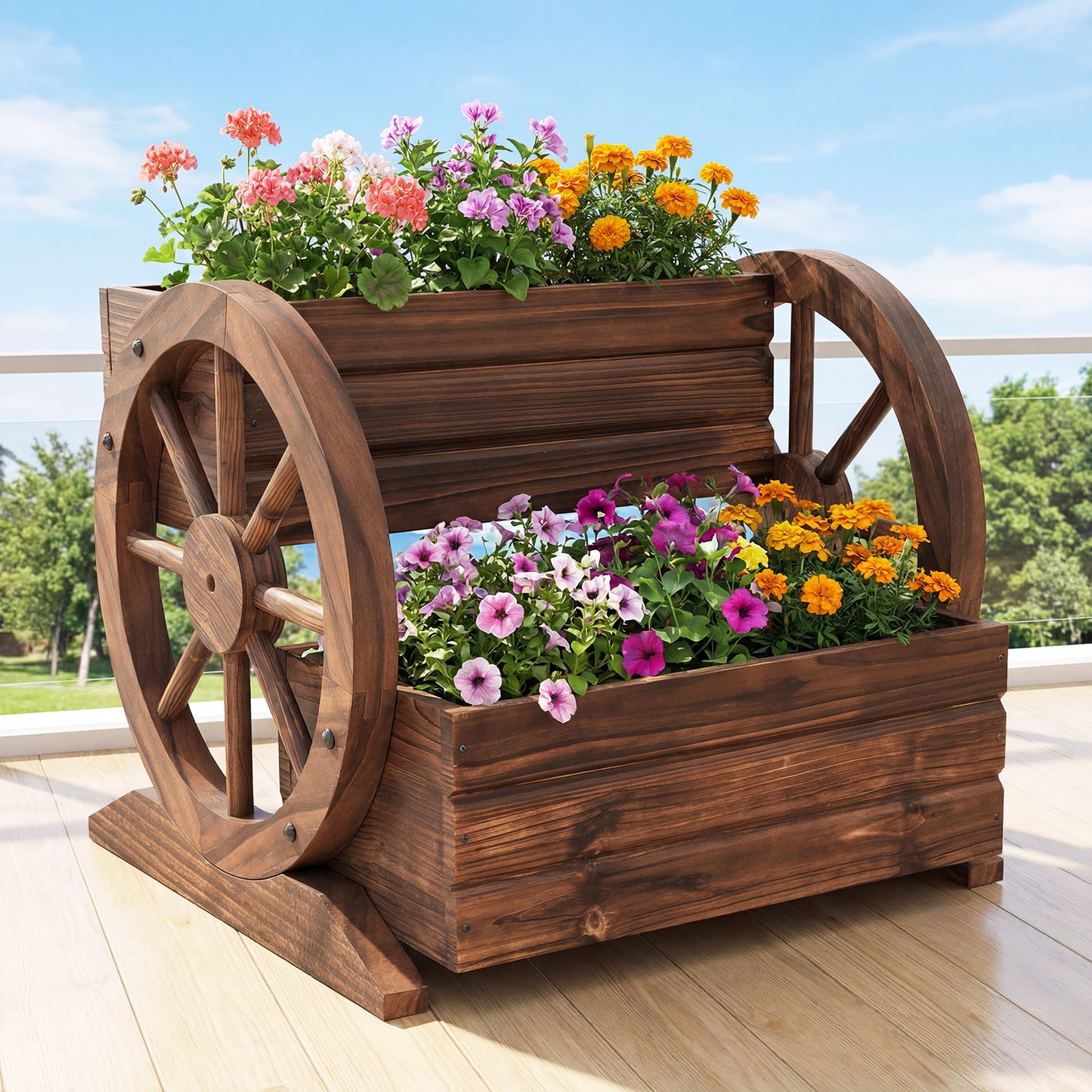 2-Tier Raised Garden Bed Rustic Wood Wagon Shape with Drainage Holes and Wheels, Coffee Raised Garden Beds at Gallery Canada