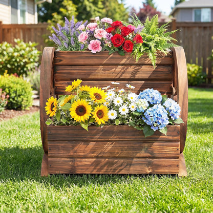 2-Tier Raised Garden Bed Rustic Wood Wagon Shape with Drainage Holes and Wheels, Coffee Raised Garden Beds at Gallery Canada