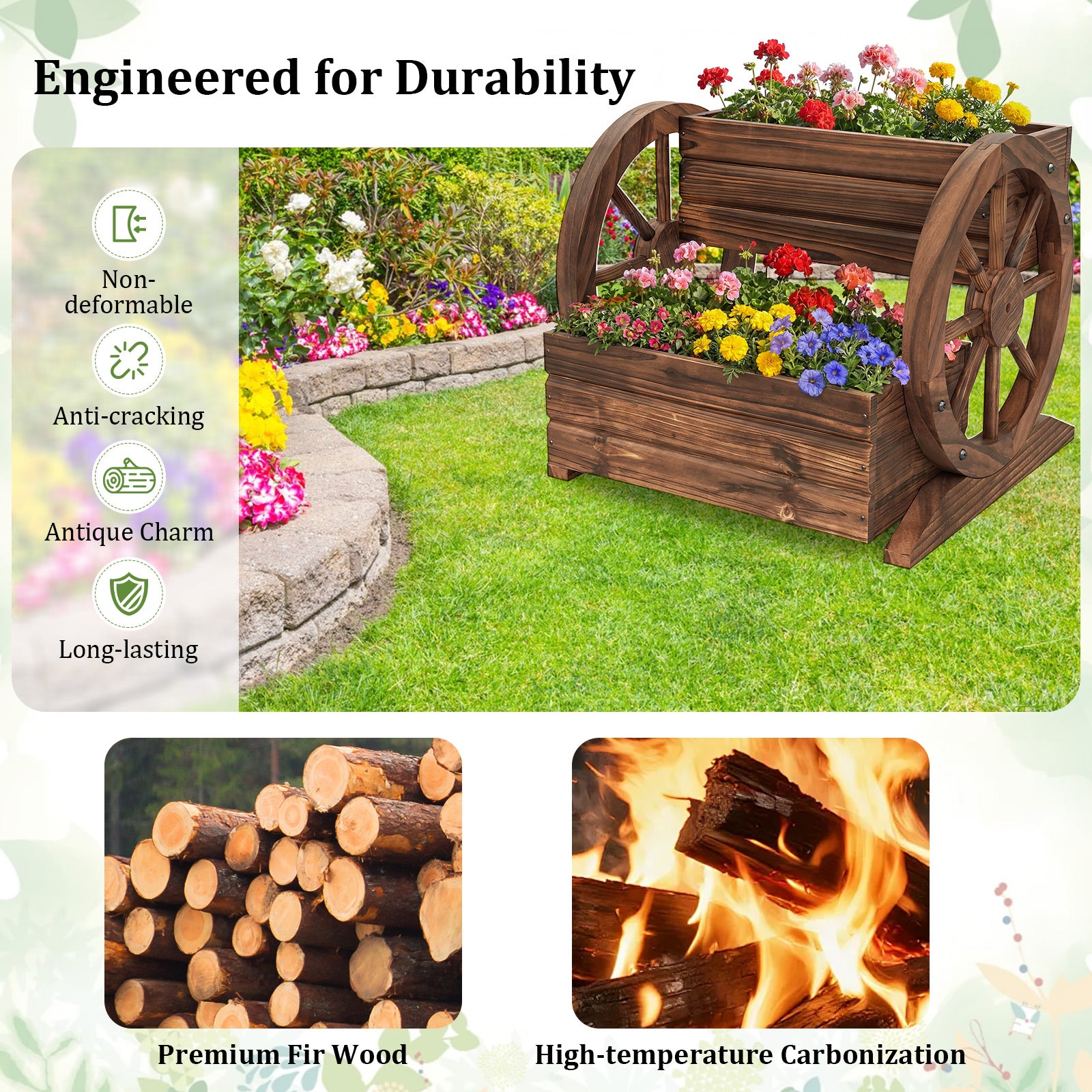2-Tier Raised Garden Bed Rustic Wood Wagon Shape with Drainage Holes and Wheels, Coffee Raised Garden Beds at Gallery Canada