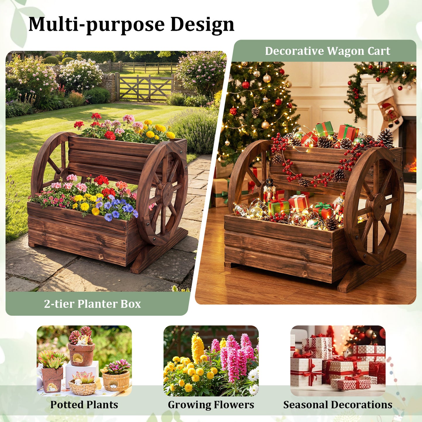 2-Tier Raised Garden Bed Rustic Wood Wagon Shape with Drainage Holes and Wheels, Coffee Raised Garden Beds at Gallery Canada