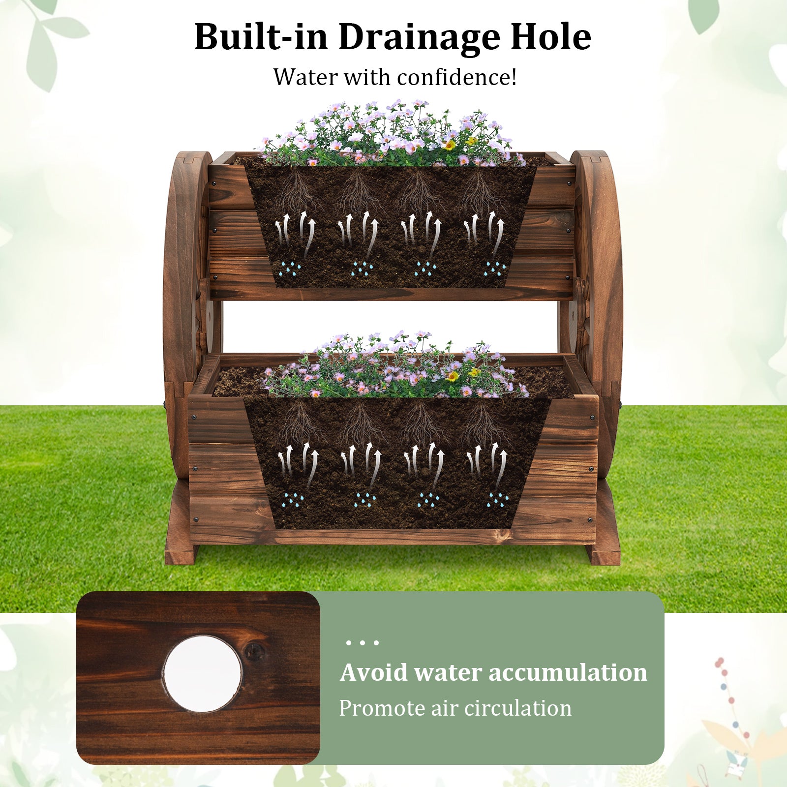 2-Tier Raised Garden Bed Rustic Wood Wagon Shape with Drainage Holes and Wheels, Coffee Raised Garden Beds at Gallery Canada