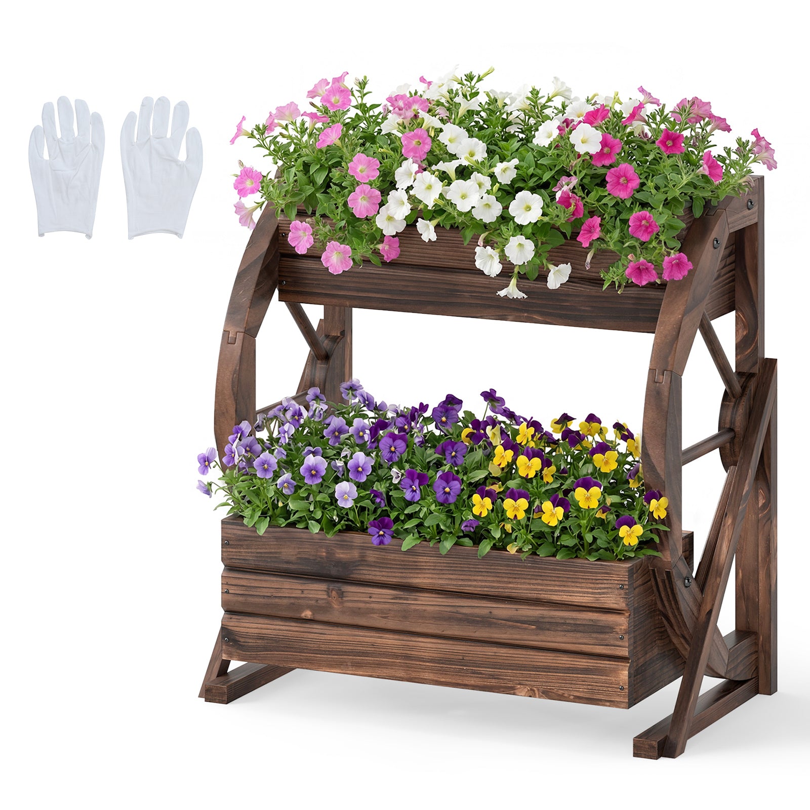 2-tier Raised Garden Bed Rustic Wood Wagon Planter with Drainage Holes and Semi-wheels, Coffee Raised Garden Beds Coffee at Gallery Canada
