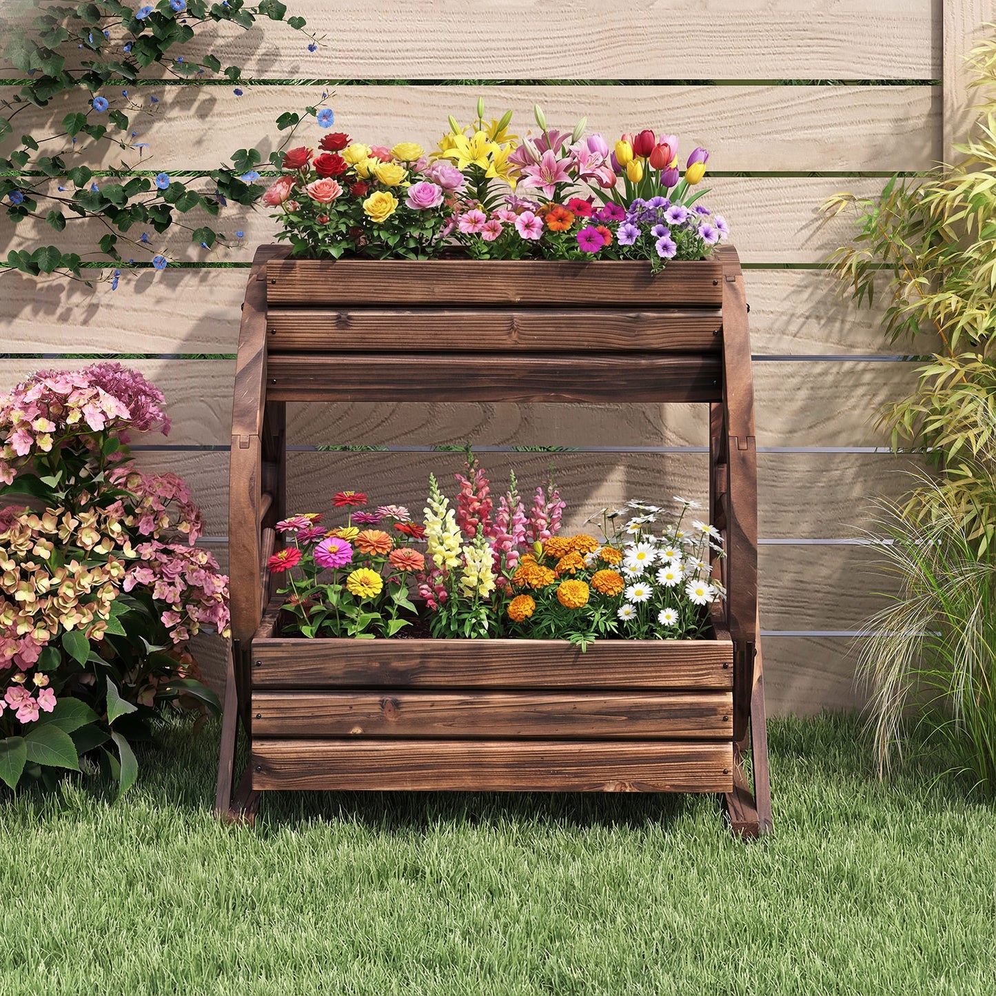 2-tier Raised Garden Bed Rustic Wood Wagon Planter with Drainage Holes and Semi-wheels, Coffee Raised Garden Beds at Gallery Canada
