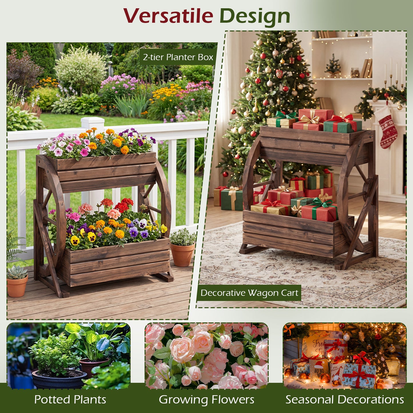 2-tier Raised Garden Bed Rustic Wood Wagon Planter with Drainage Holes and Semi-wheels, Coffee Raised Garden Beds at Gallery Canada