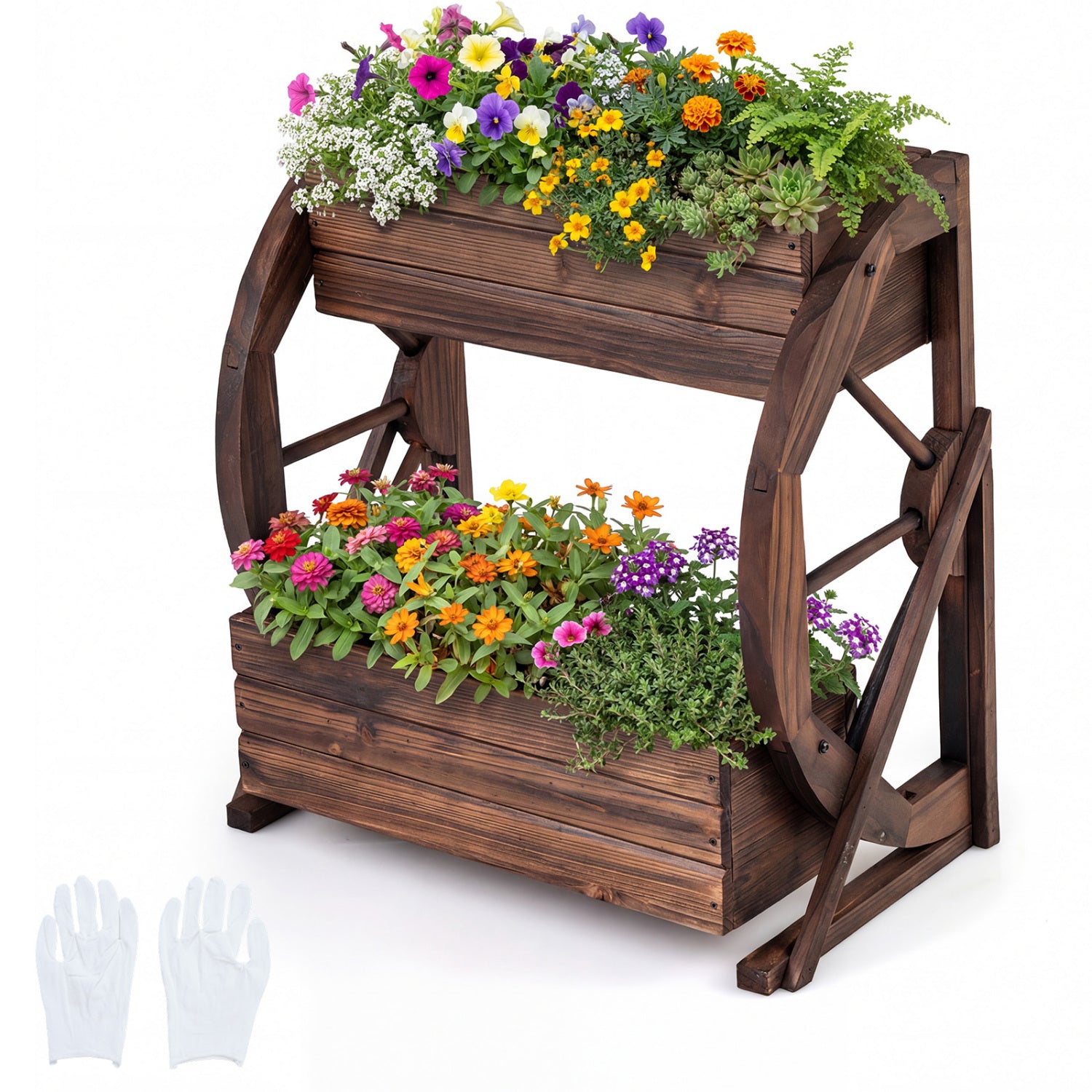 2-tier Raised Garden Bed Rustic Wood Wagon Planter with Drainage Holes and Semi-wheels, Coffee Raised Garden Beds Coffee at Gallery Canada