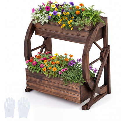 2-tier Raised Garden Bed Rustic Wood Wagon Planter with Drainage Holes and Semi-wheels, Coffee Raised Garden Beds Coffee at Gallery Canada