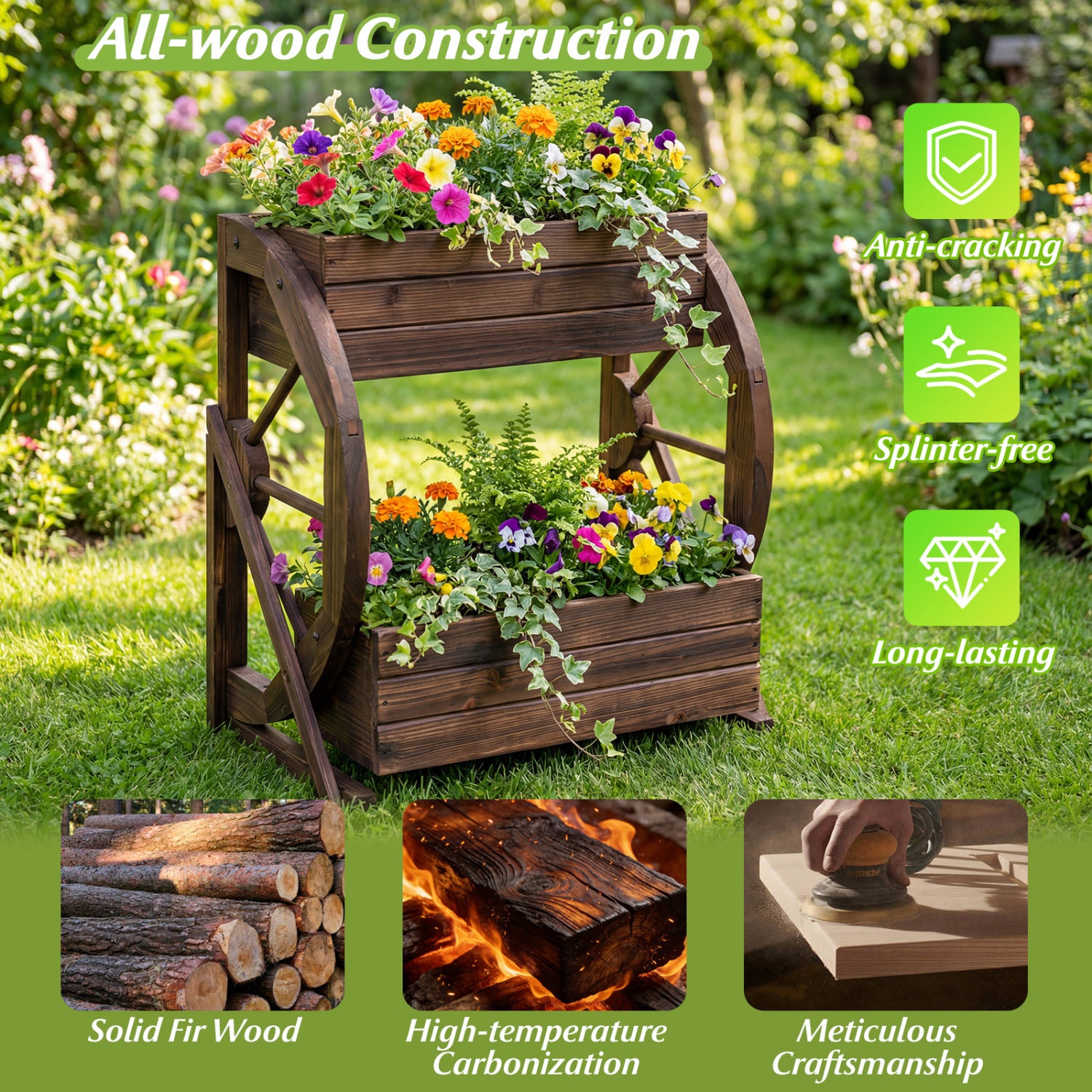 2-tier Raised Garden Bed Rustic Wood Wagon Planter with Drainage Holes and Semi-wheels, Coffee Raised Garden Beds at Gallery Canada