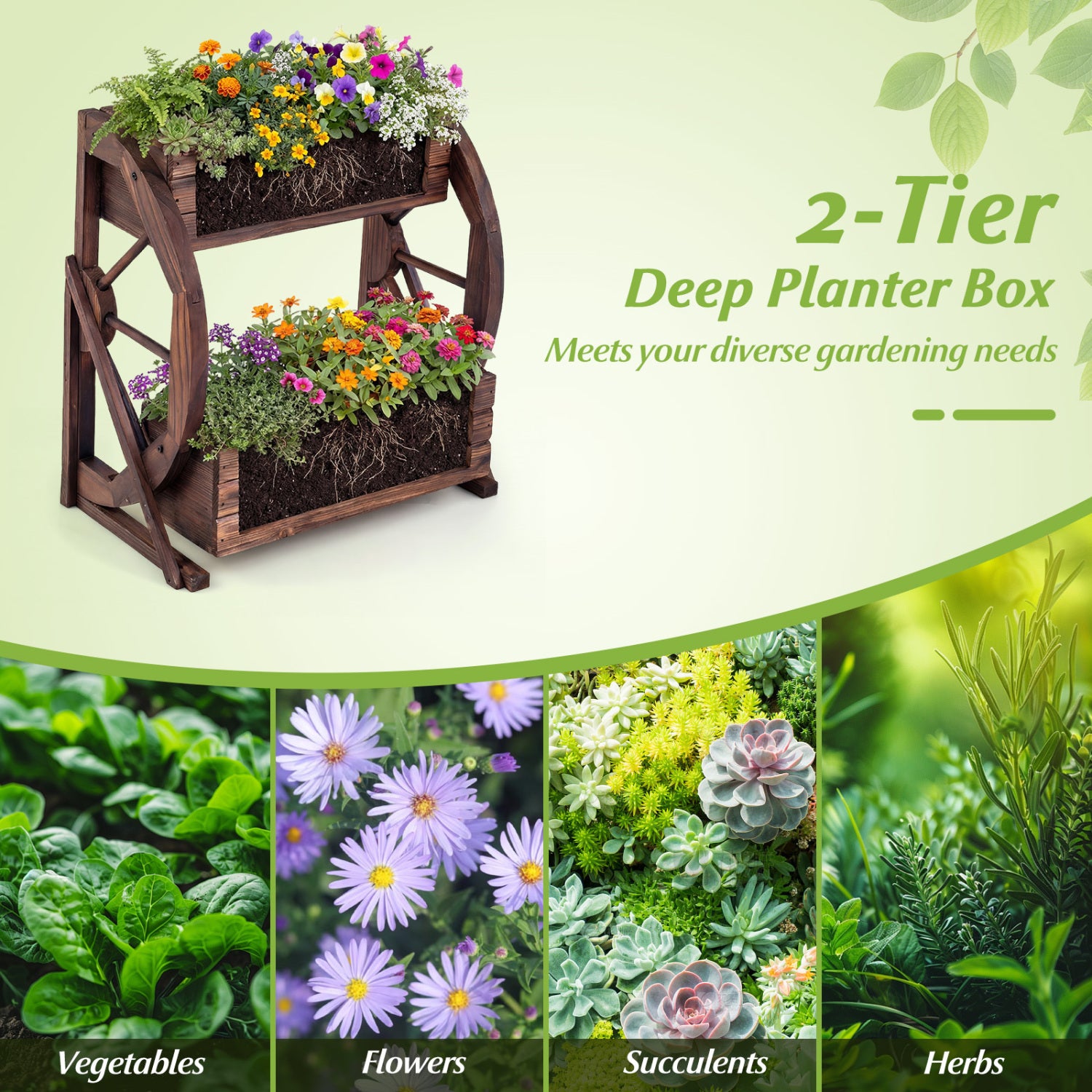 2-tier Raised Garden Bed Rustic Wood Wagon Planter with Drainage Holes and Semi-wheels, Coffee Raised Garden Beds at Gallery Canada