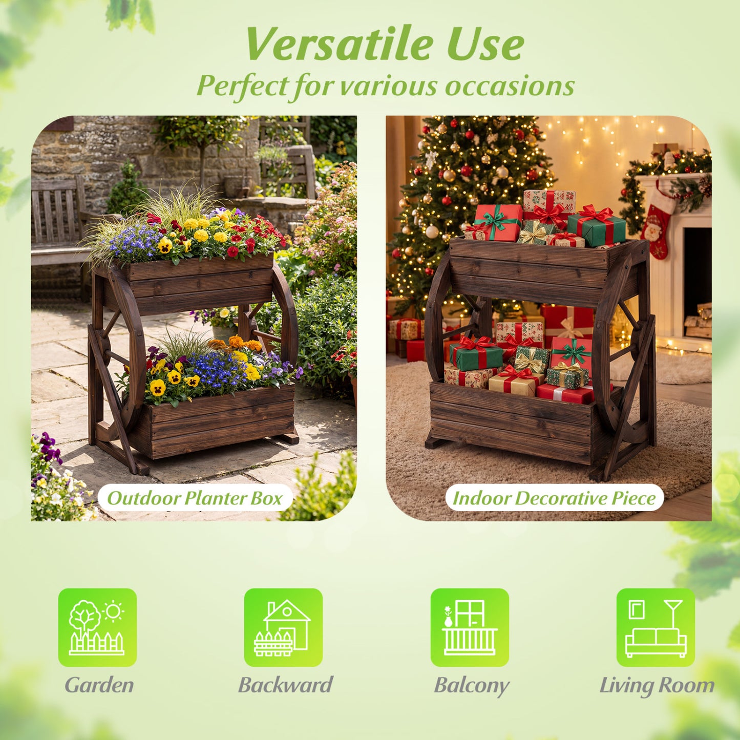 2-tier Raised Garden Bed Rustic Wood Wagon Planter with Drainage Holes and Semi-wheels, Coffee Raised Garden Beds at Gallery Canada