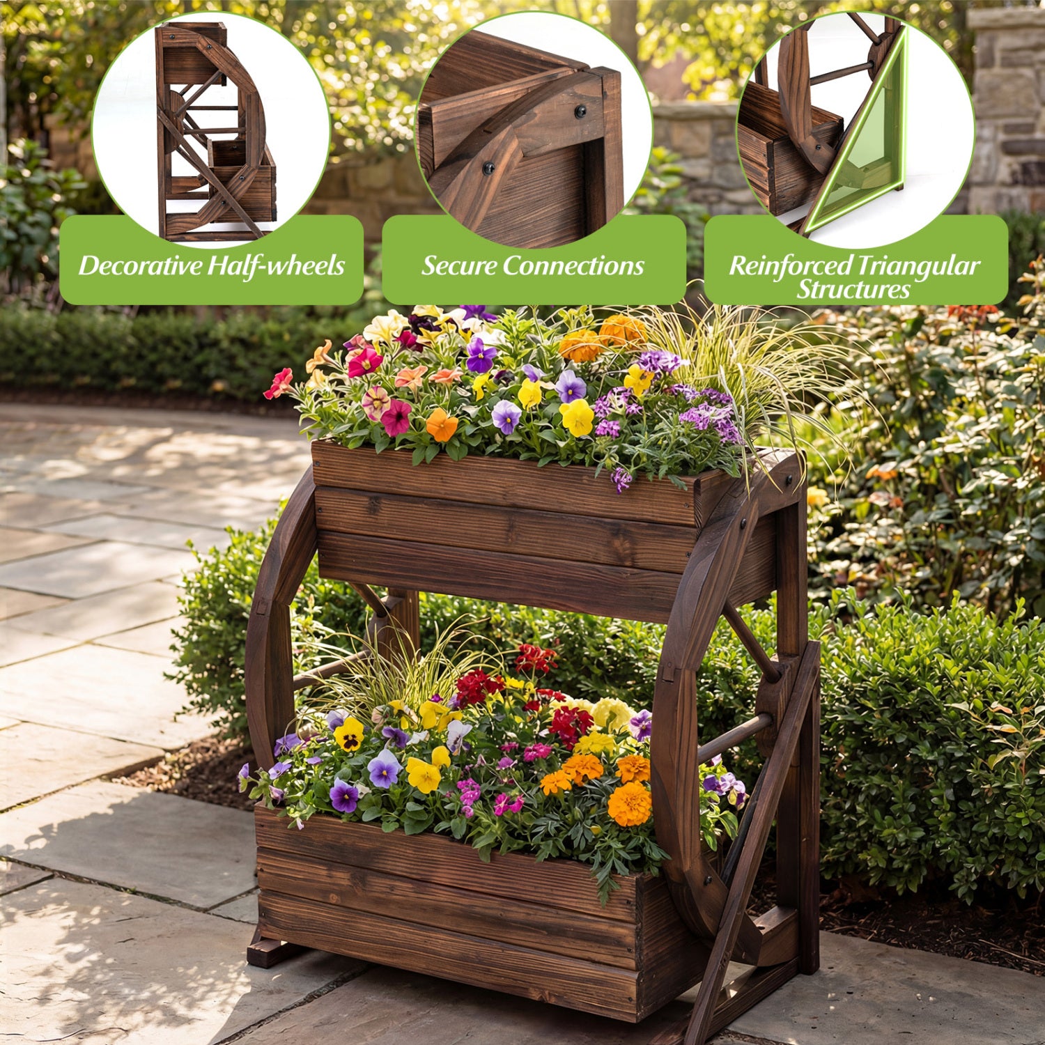 2-tier Raised Garden Bed Rustic Wood Wagon Planter with Drainage Holes and Semi-wheels, Coffee Raised Garden Beds at Gallery Canada