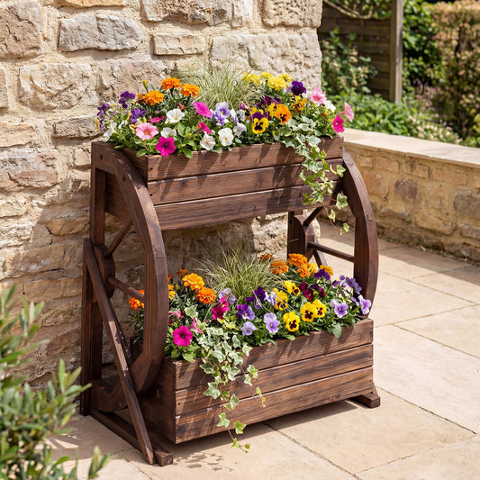 2-tier Raised Garden Bed Rustic Wood Wagon Planter with Drainage Holes and Semi-wheels, Coffee Raised Garden Beds Coffee at Gallery Canada
