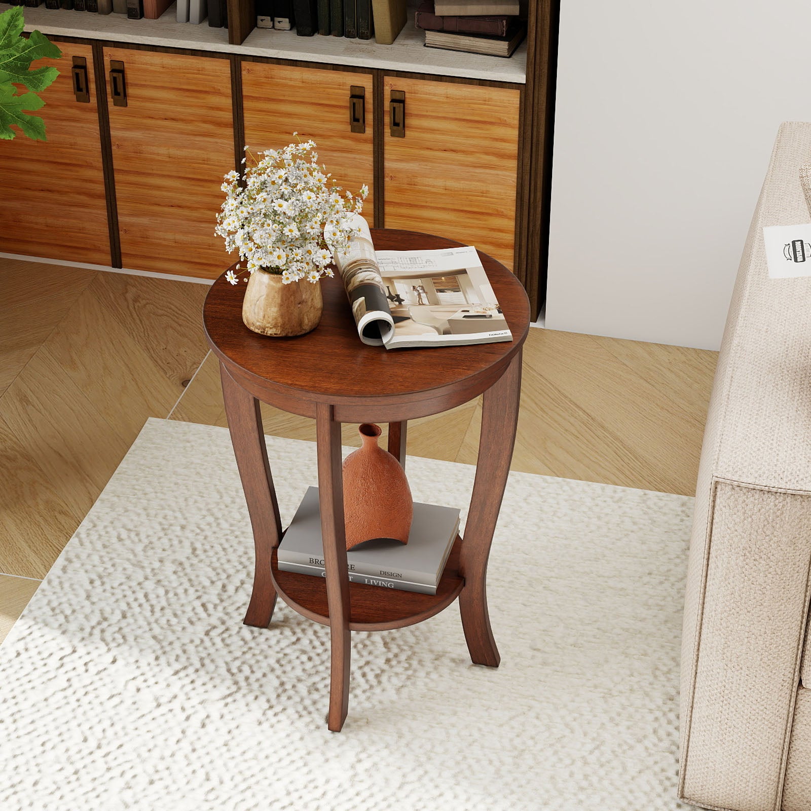 2-tier Round End Table with Solid Wood Legs, Walnut Living Room at Gallery Canada