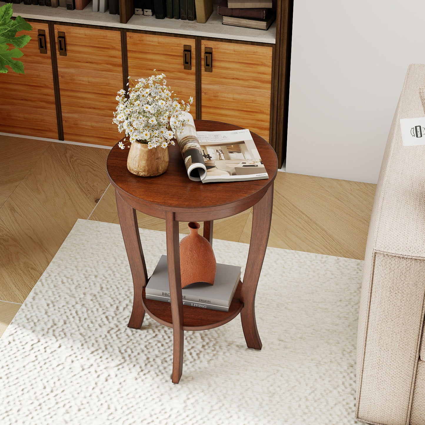2-tier Round End Table with Solid Wood Legs, Walnut Living Room at Gallery Canada