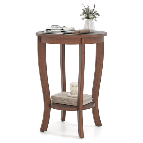 2-tier Round End Table with Solid Wood Legs, Walnut