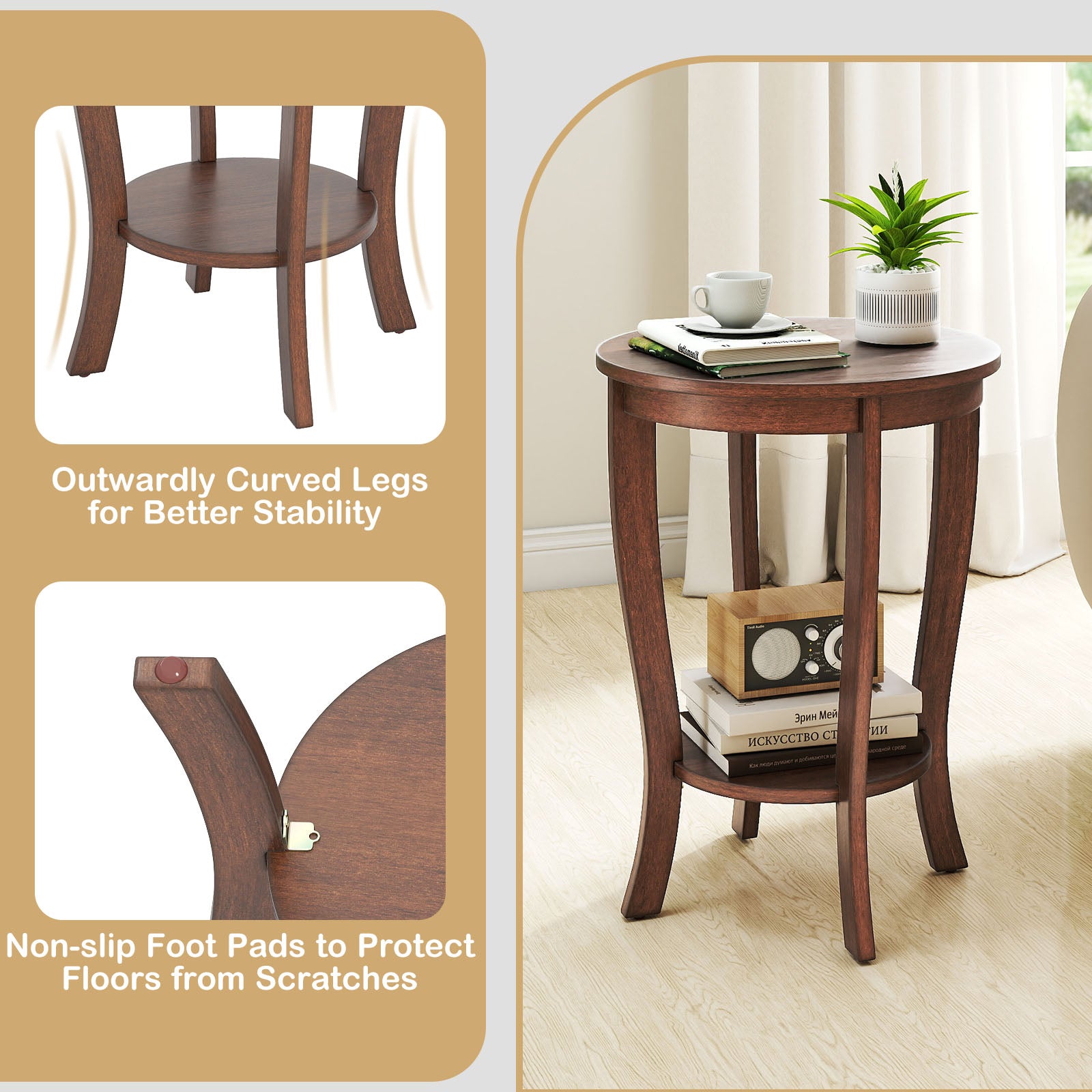 2-tier Round End Table with Solid Wood Legs, Walnut Living Room at Gallery Canada