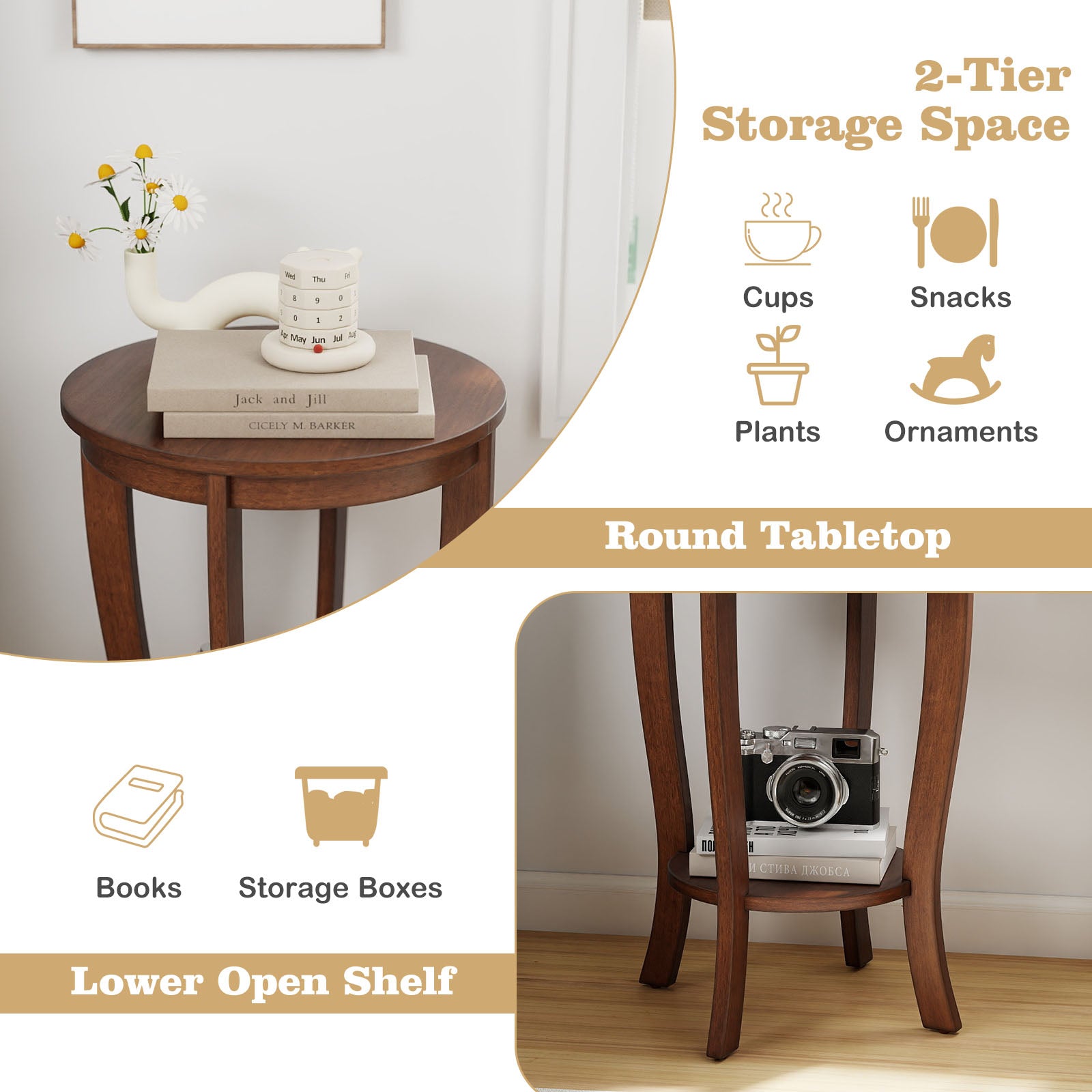 2-tier Round End Table with Solid Wood Legs, Walnut Living Room at Gallery Canada