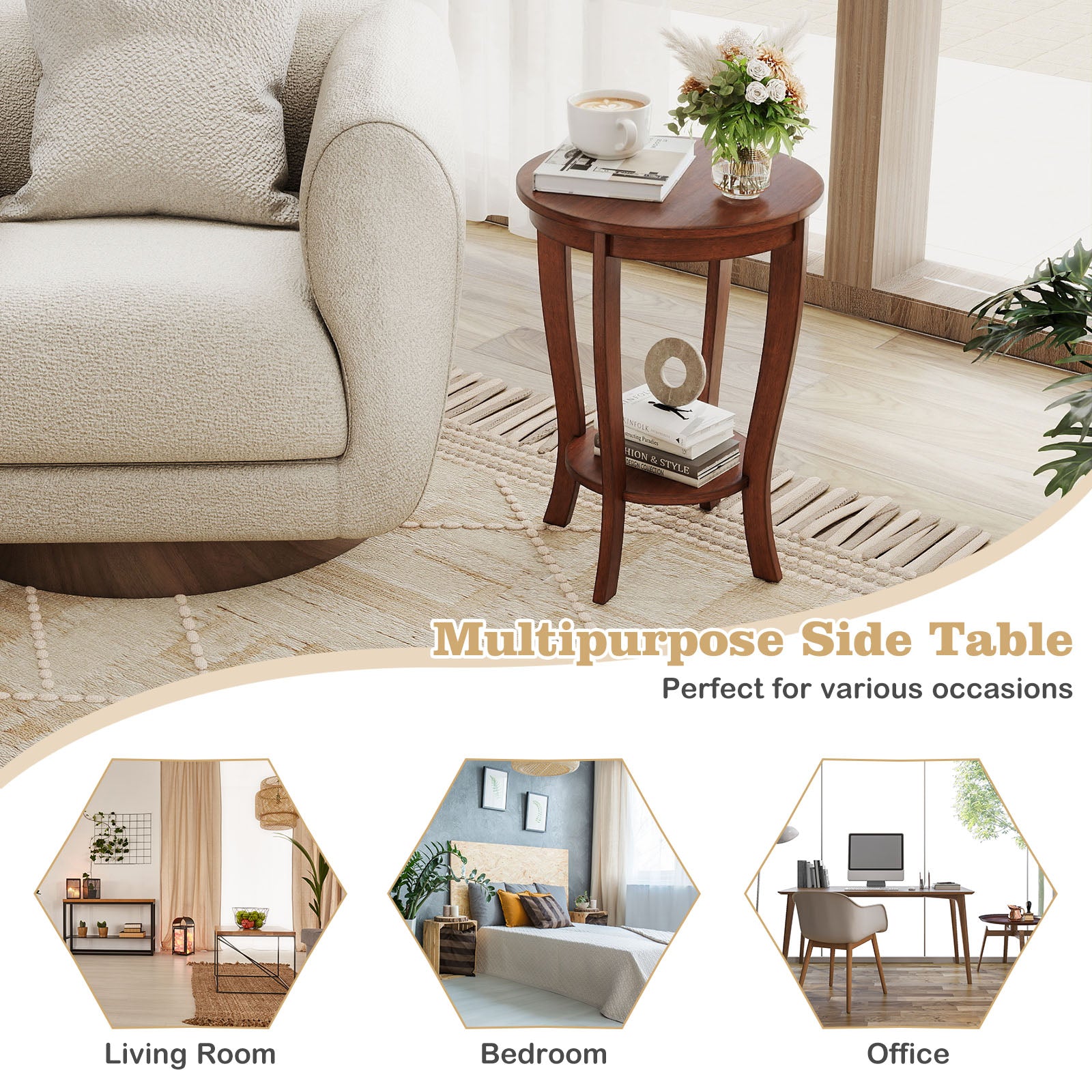 2-tier Round End Table with Solid Wood Legs, Walnut Living Room at Gallery Canada