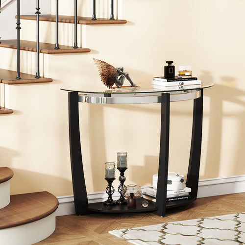2-tier Tempered Glass Console Table with Clear Glass Top and Open Shelf, Black