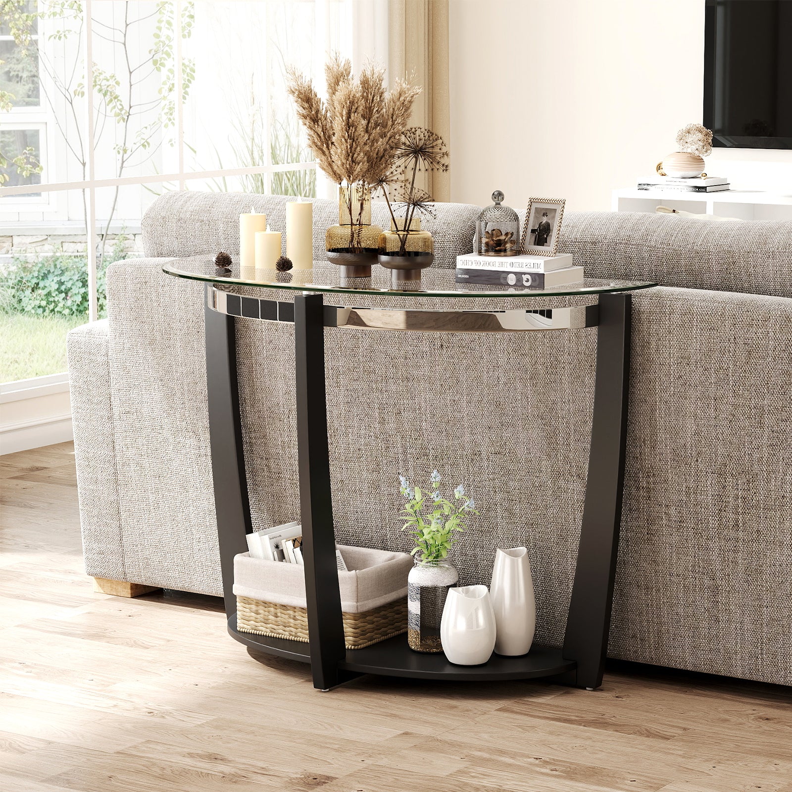 2-tier Tempered Glass Console Table with Clear Glass Top and Open Shelf, Black End & Side Tables at Gallery Canada