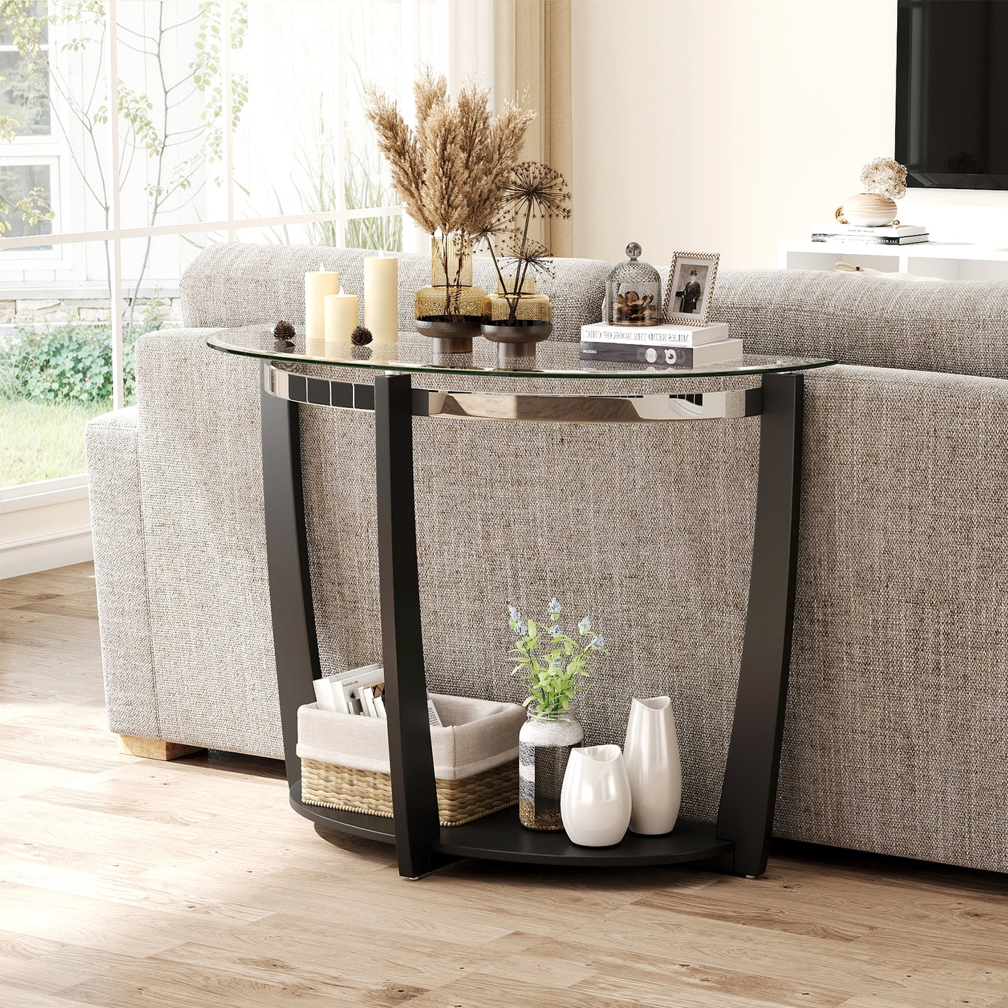 2-tier Tempered Glass Console Table with Clear Glass Top and Open Shelf, Black End & Side Tables at Gallery Canada