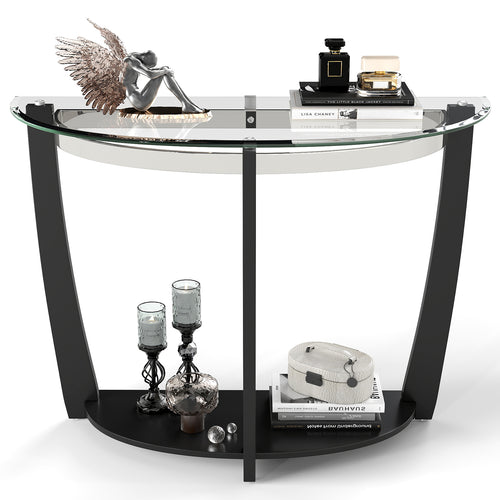 2-tier Tempered Glass Console Table with Clear Glass Top and Open Shelf, Black