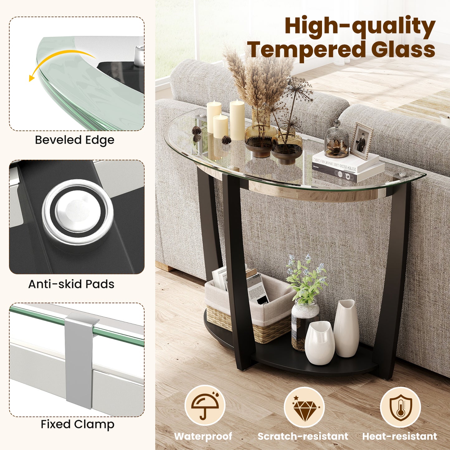 2-tier Tempered Glass Console Table with Clear Glass Top and Open Shelf, Black End & Side Tables at Gallery Canada