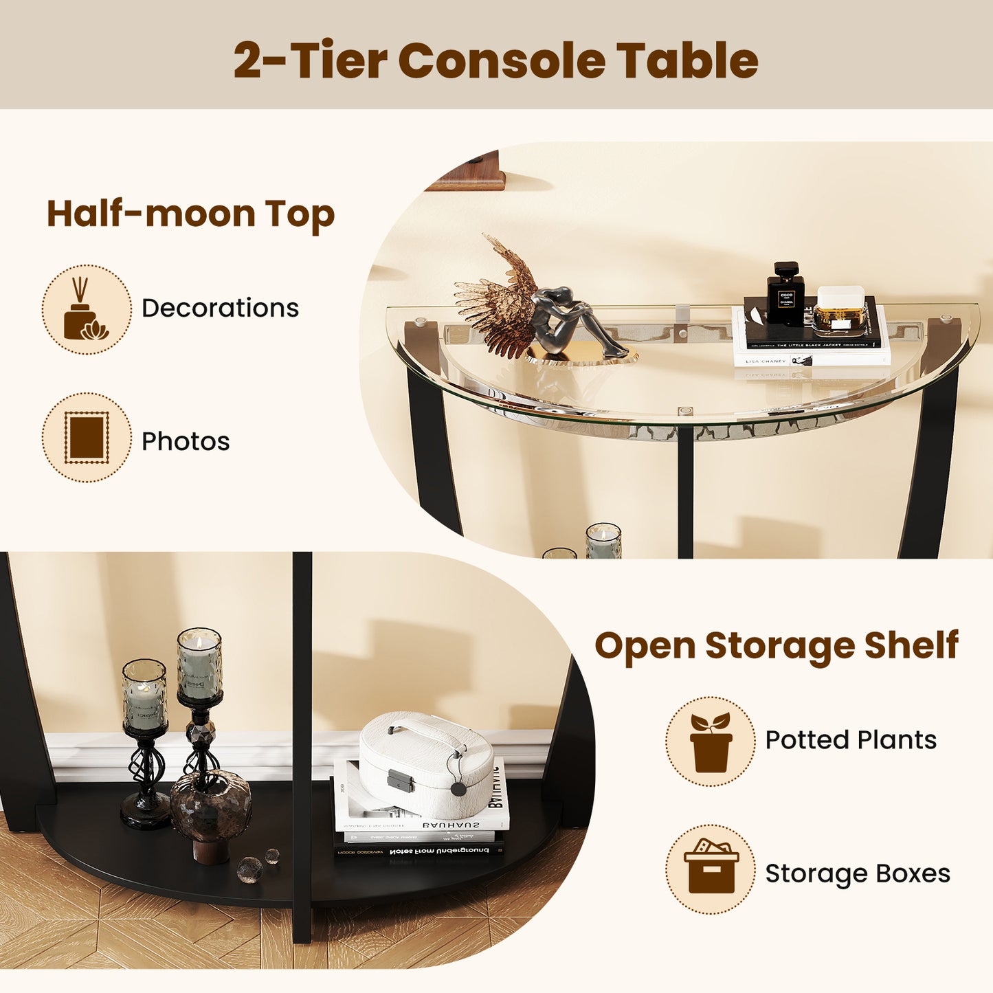 2-tier Tempered Glass Console Table with Clear Glass Top and Open Shelf, Black End & Side Tables at Gallery Canada